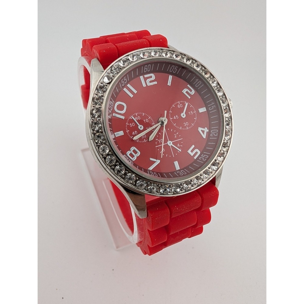 Darice Women's Watch 38mm Case Crystal Bezel Red Silicone Band- New Battery